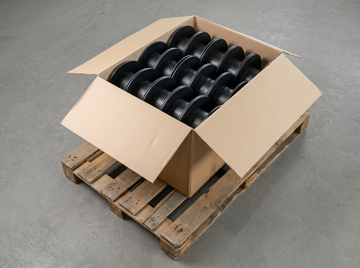 Open cardboard carton with rows of empty black plastic spools on a wooden pallet