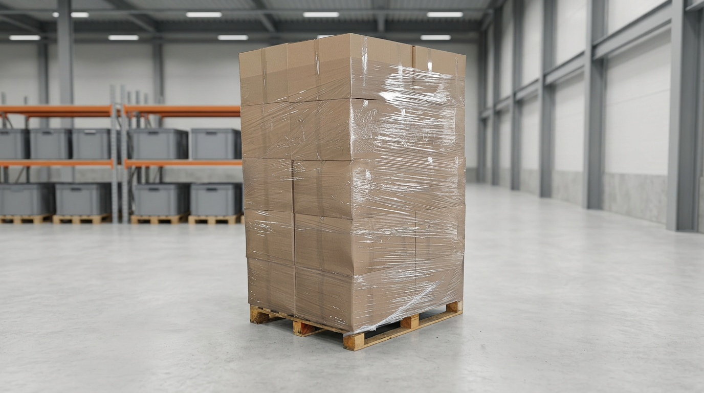 Pallet of cardboard cartons wrapped in stretch film, ready for road and sea transport