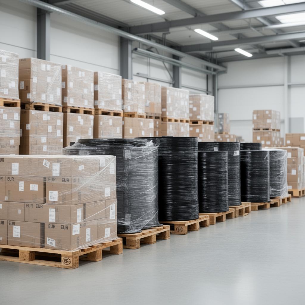 Carton and pallet packaging for black plastic spools in warehouse storage